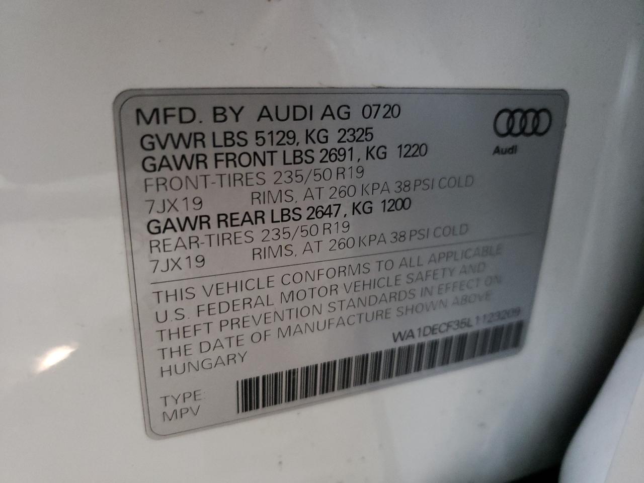 2020 Audi Q3 Premium S Line VIN: WA1DECF35L1123209 Lot: 64091815