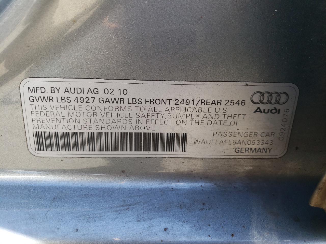 2010 Audi A4 Premium Plus VIN: WAUFFAFL5AN053343 Lot: 61799855