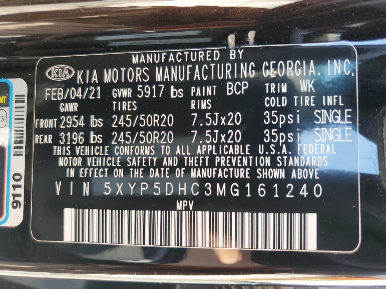 2021 Kia Telluride Sx VIN: 5XYP5DHC3MG161240 Lot: 63399745