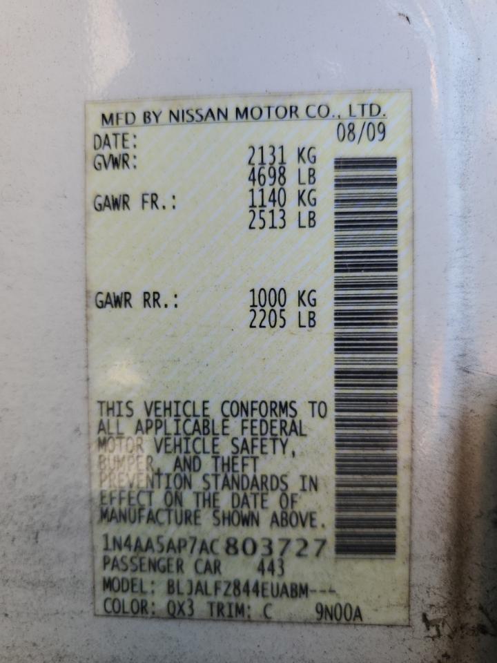 2010 Nissan Maxima S VIN: 1N4AA5AP7AC803727 Lot: 64190505