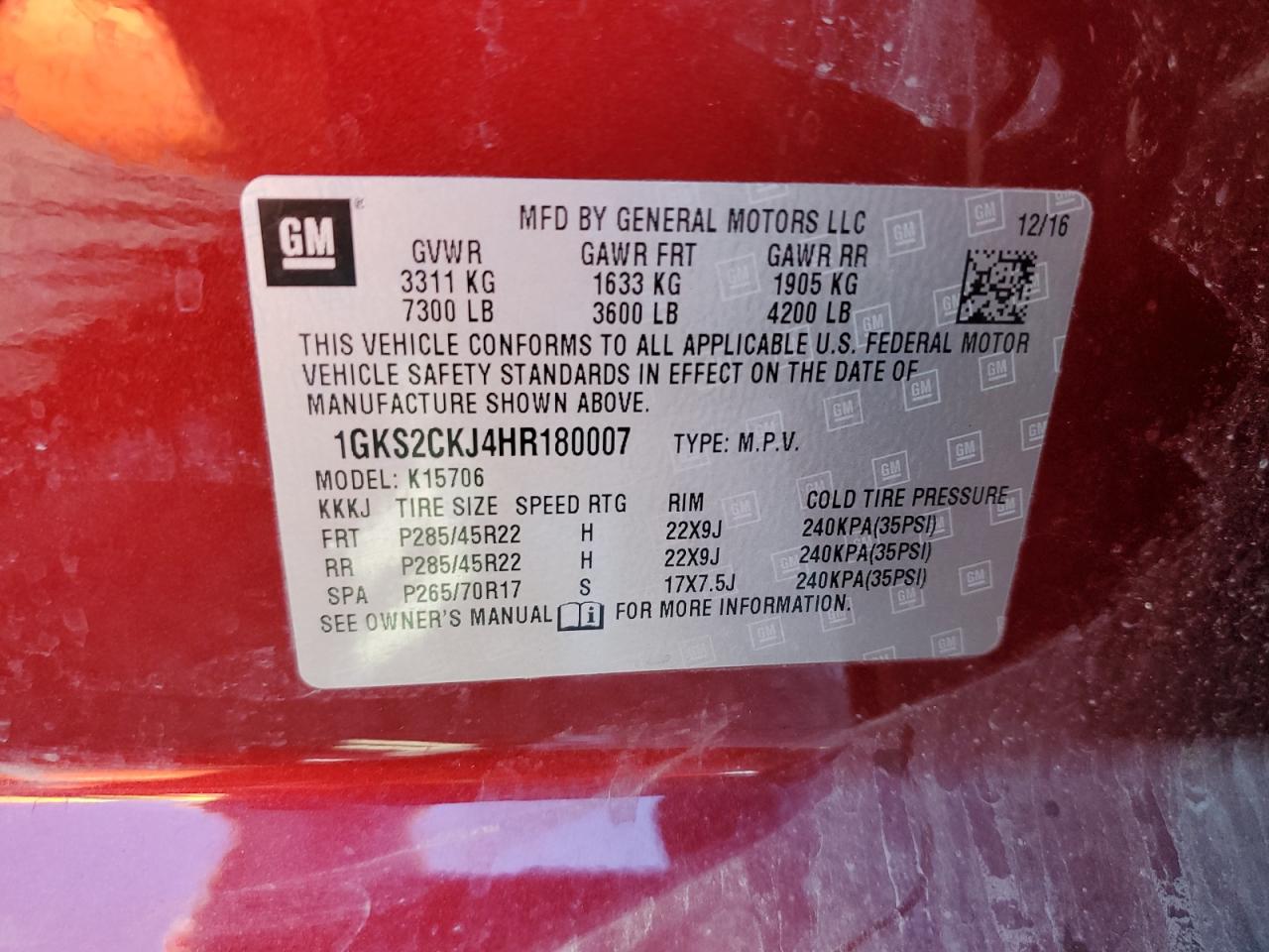 2017 GMC Yukon Denali VIN: 1GKS2CKJ4HR180007 Lot: 64270715