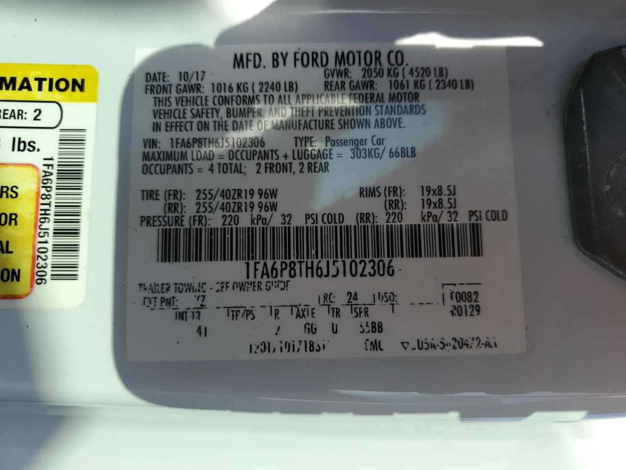 2018 Ford Mustang VIN: 1FA6P8TH6J5102306 Lot: 63925875
