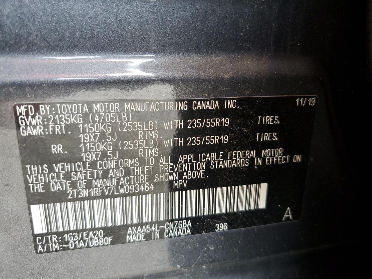 2020 Toyota Rav4 Limited VIN: 2T3N1RFV7LW093464 Lot: 65607105