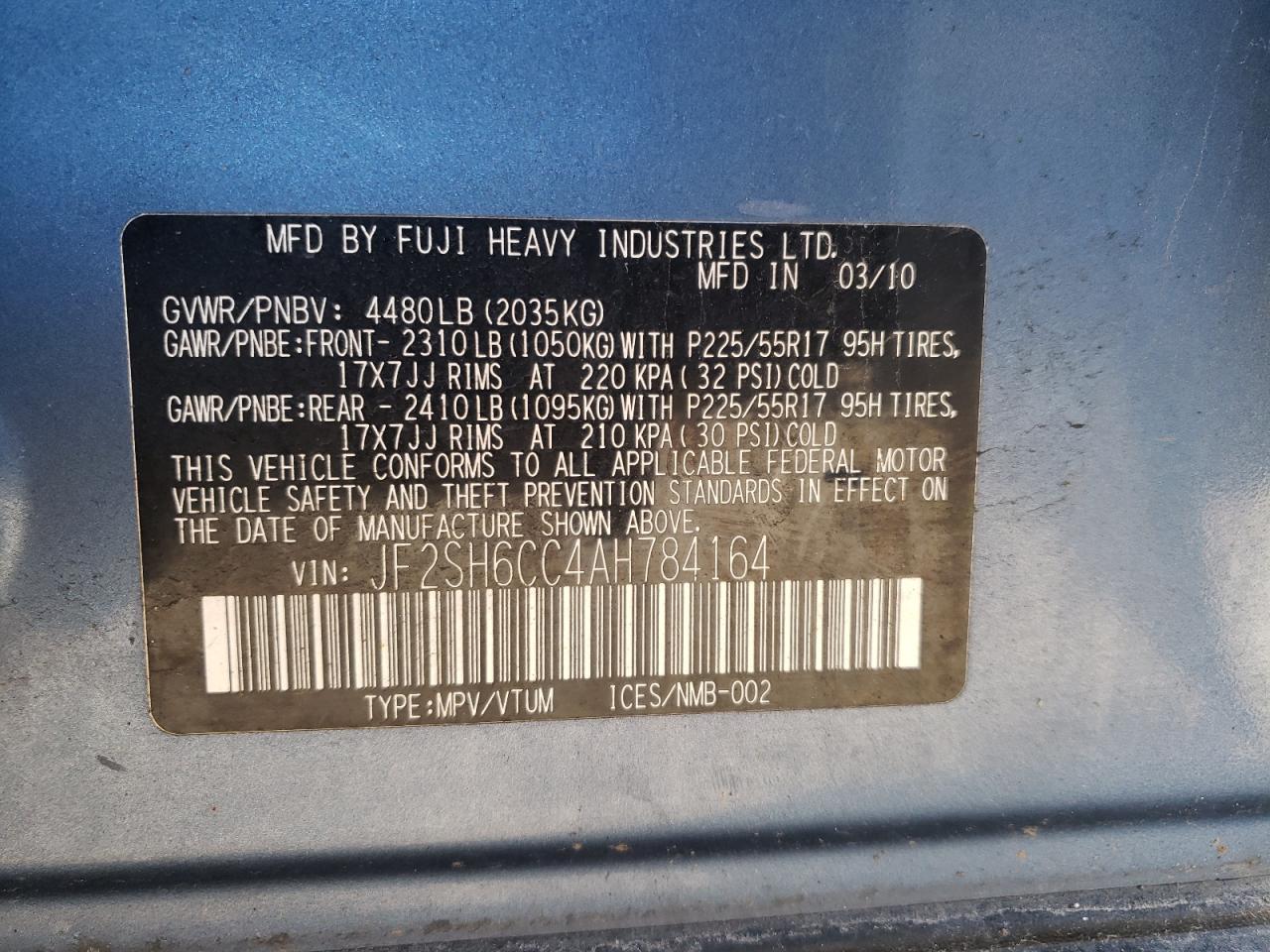 2010 Subaru Forester 2.5X Premium VIN: JF2SH6CC4AH784164 Lot: 63638815