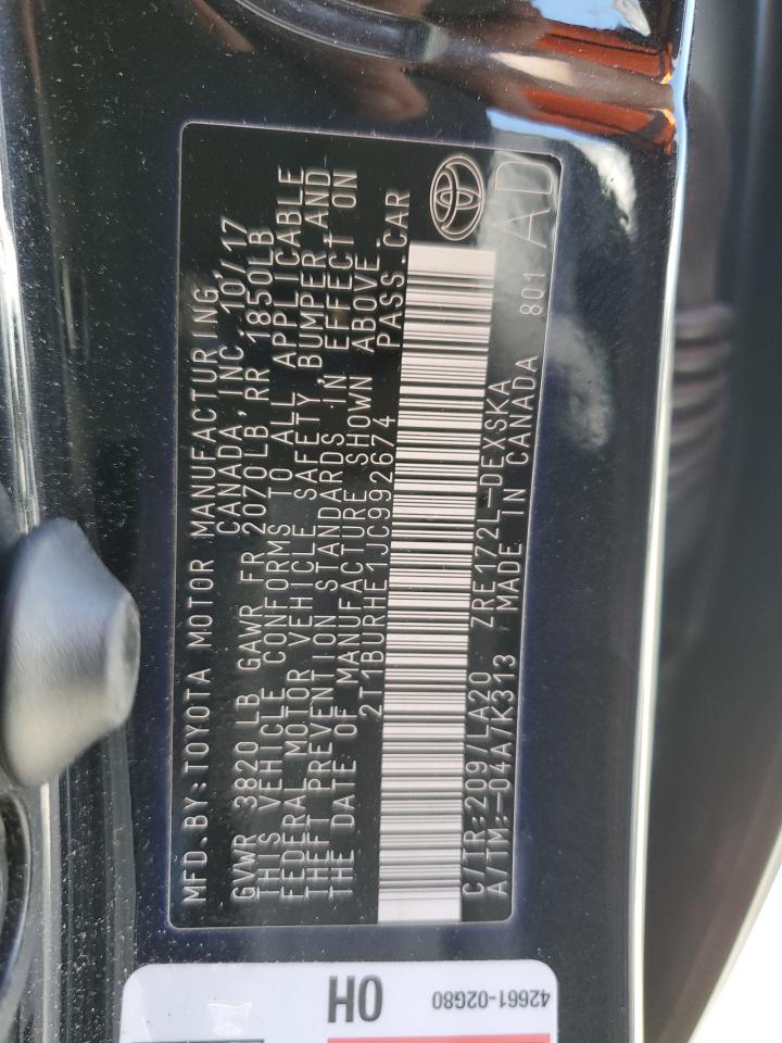 2018 Toyota Corolla L VIN: 2T1BURHE1JC992674 Lot: 65008945
