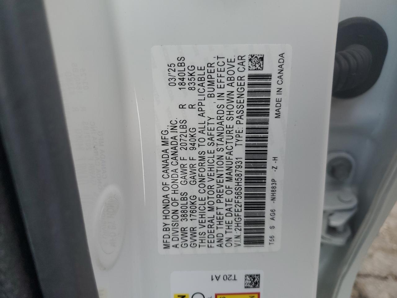 2025 Honda Civic Sport VIN: 2HGFE2F56SH587931 Lot: 65346705
