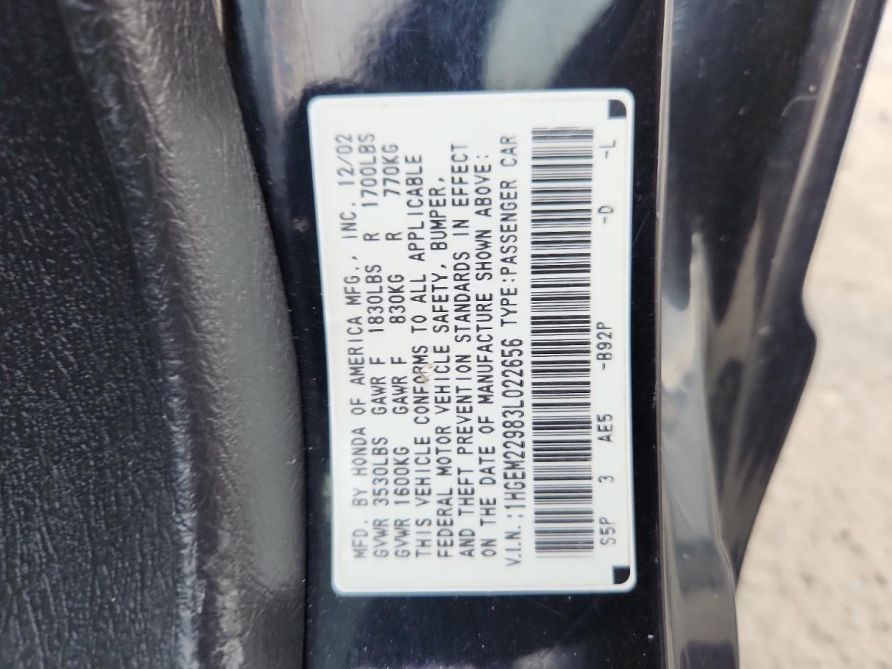 2003 Honda Civic Ex VIN: 1HGEM22983L022656 Lot: 63122115