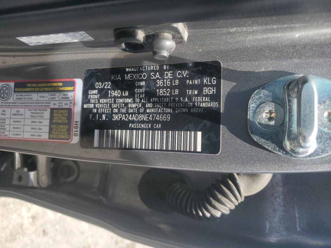 2022 Kia Rio Lx VIN: 3KPA24AD8NE474669 Lot: 64548435
