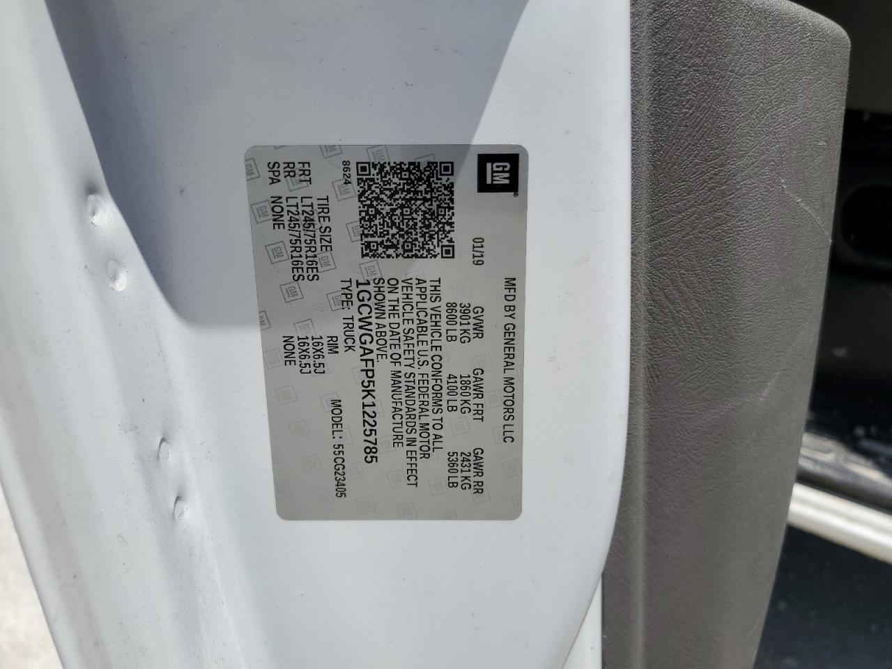 2019 Chevrolet Express G2500 VIN: 1GCWGAFP5K1225785 Lot: 63402805