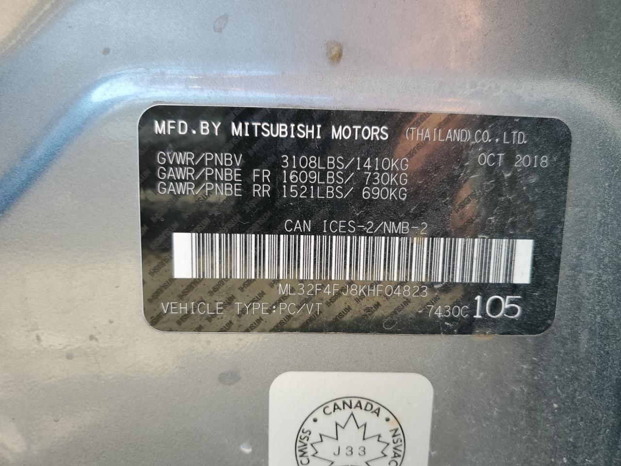 2019 Mitsubishi Mirage G4 Se VIN: ML32F4FJ8KHF04823 Lot: 63592195