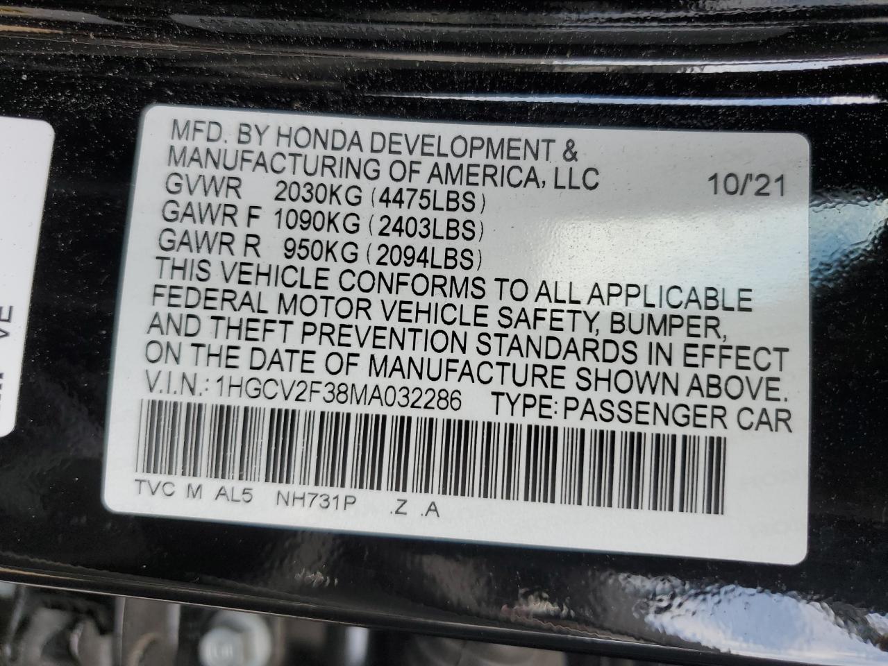 2021 Honda Accord Sport VIN: 1HGCV2F38MA032286 Lot: 64574375