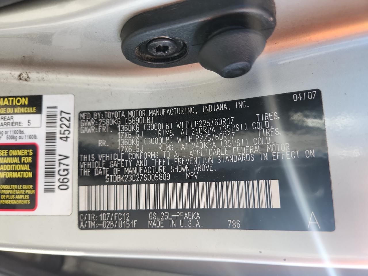 2007 Toyota Sienna Le VIN: 5TDBK23C27S005809 Lot: 64632315