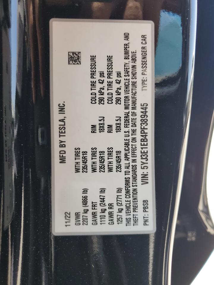 2023 Tesla Model 3 VIN: 5YJ3E1EB4PF389445 Lot: 64782055