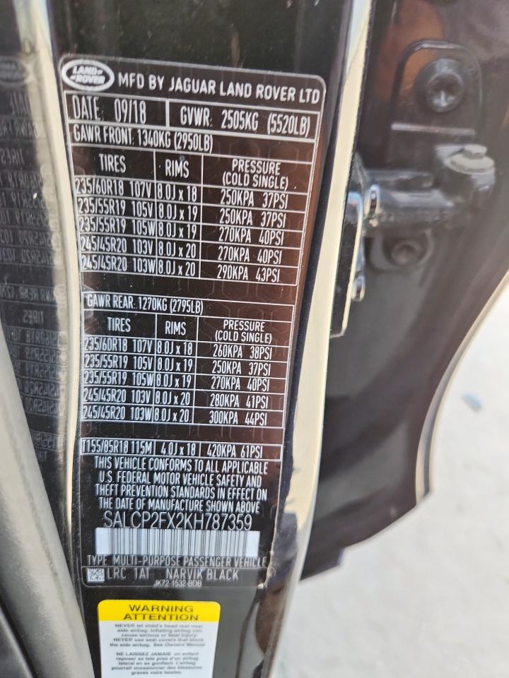 2019 Land Rover Discovery Sport Se VIN: SALCP2FX2KH787359 Lot: 63474465