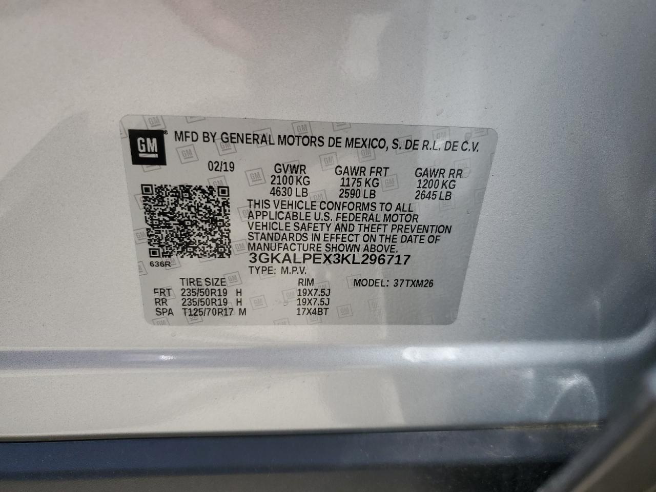 2019 GMC Terrain Slt VIN: 3GKALPEX3KL296717 Lot: 63383515