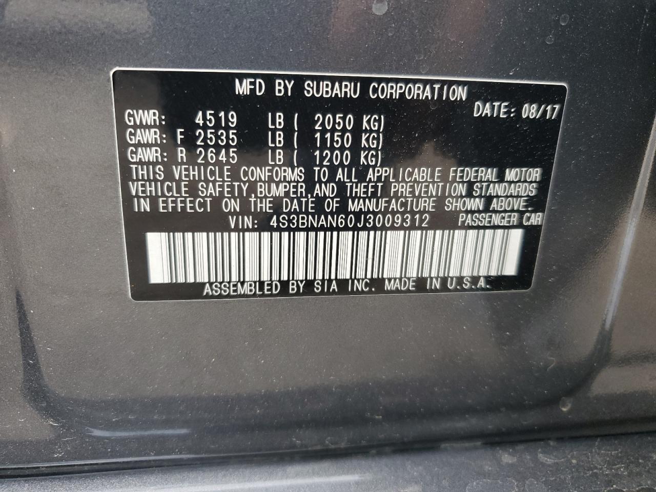 2018 Subaru Legacy 2.5I Limited VIN: 4S3BNAN60J3009312 Lot: 64675395