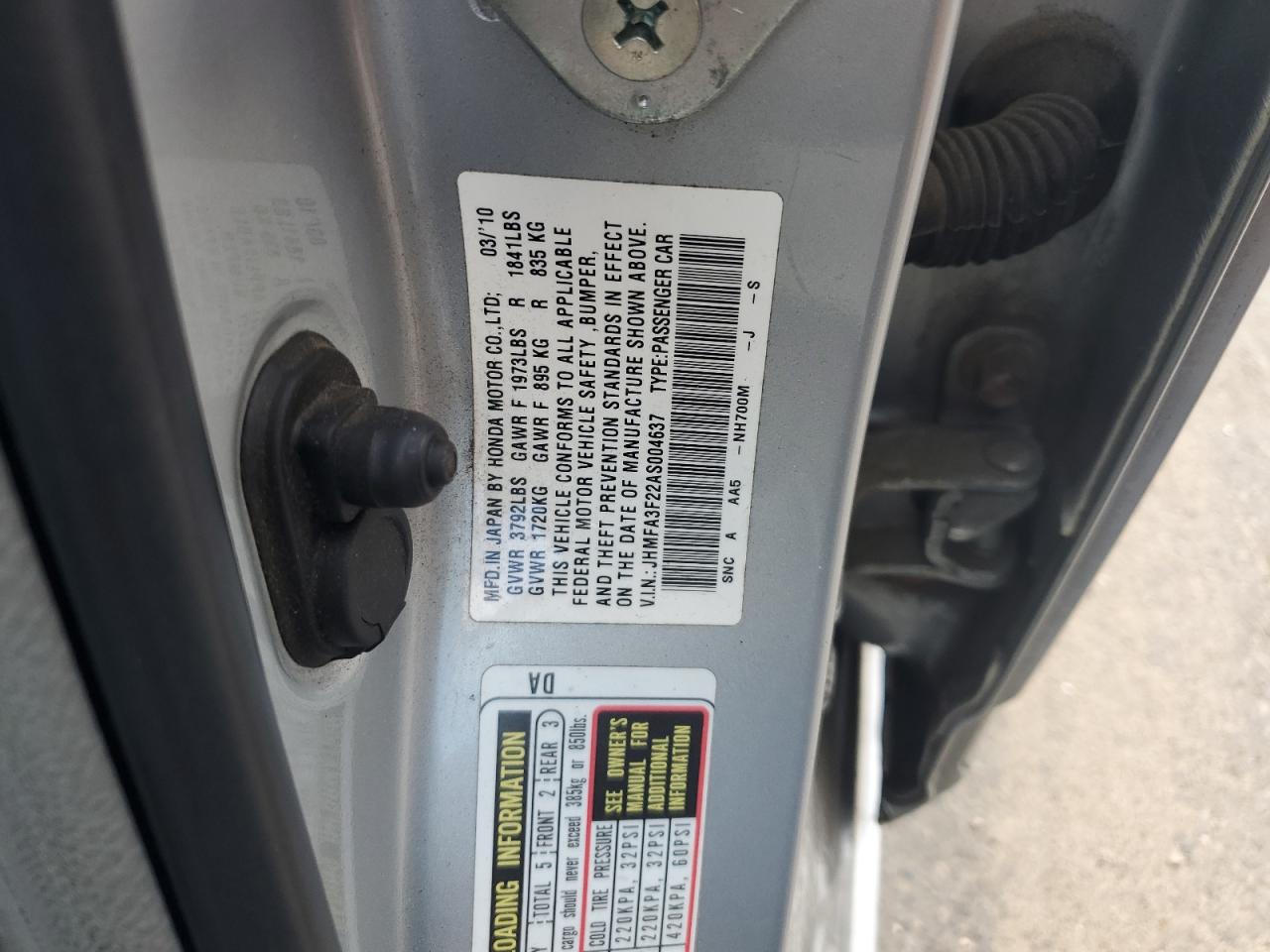 2010 Honda Civic Hybrid VIN: JHMFA3F22AS004637 Lot: 65221995