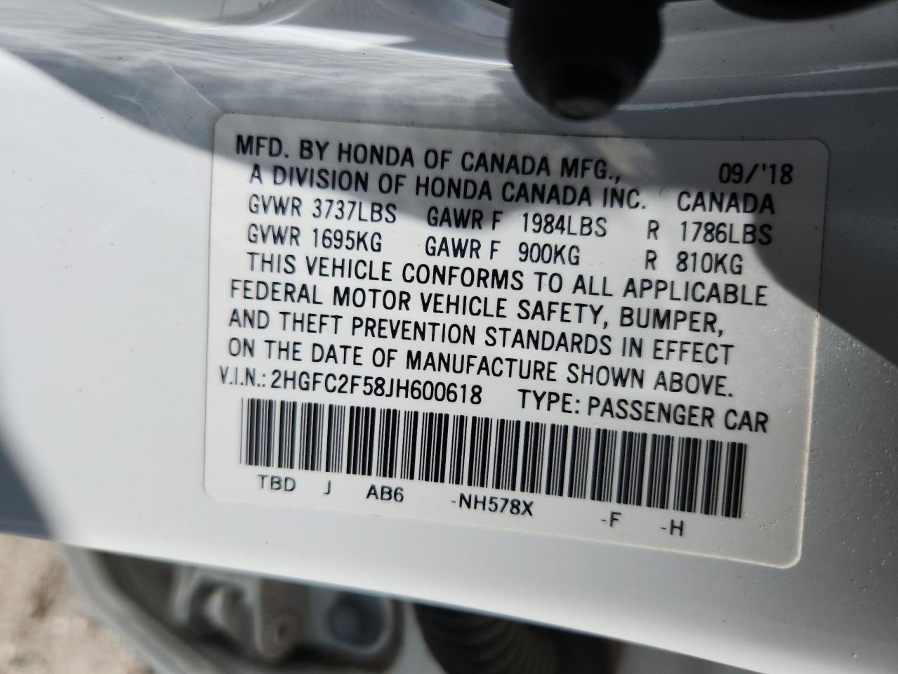 2018 Honda Civic Lx VIN: 2HGFC2F58JH600618 Lot: 60642025