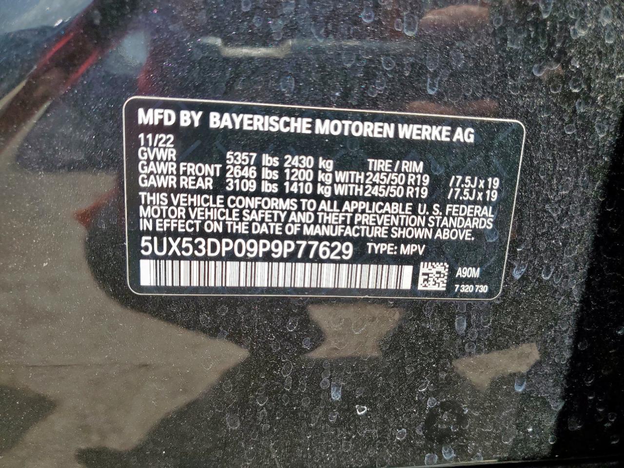 2023 BMW X3 xDrive30I VIN: 5UX53DP09P9P77629 Lot: 64229095