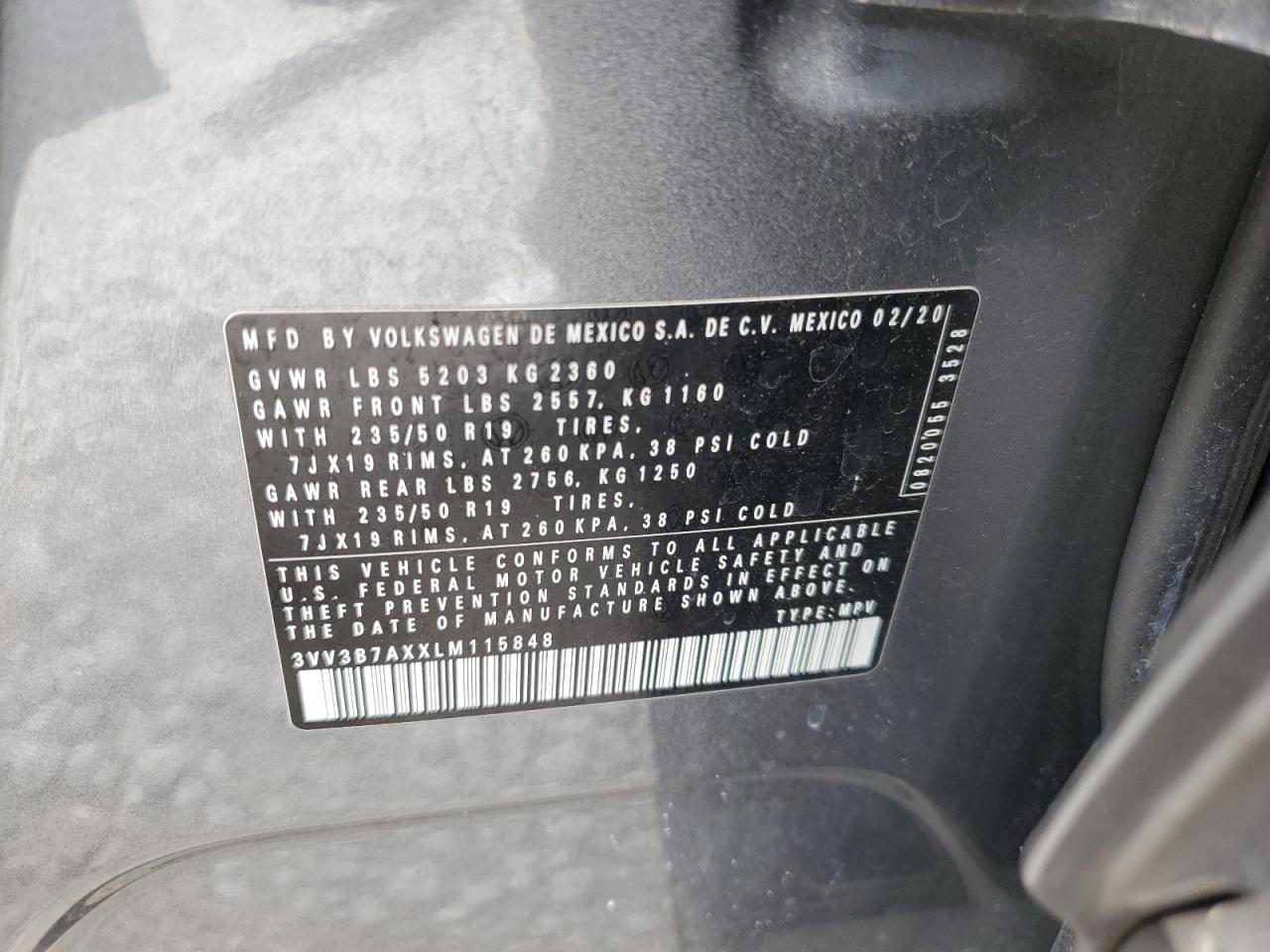 2020 Volkswagen Tiguan Se VIN: 3VV3B7AXXLM115848 Lot: 65041845