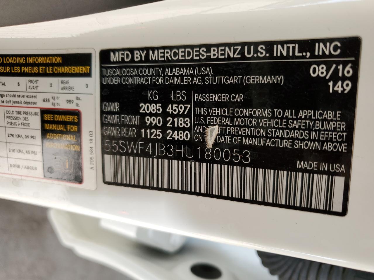 2017 Mercedes-Benz C 300 VIN: 55SWF4JB3HU180053 Lot: 64792435