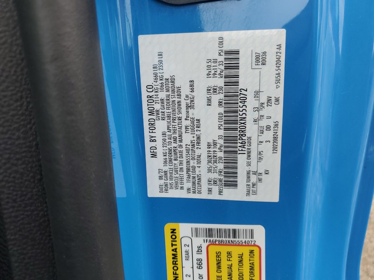2022 Ford Mustang Mach I VIN: 1FA6P8R0XN5554072 Lot: 64291605