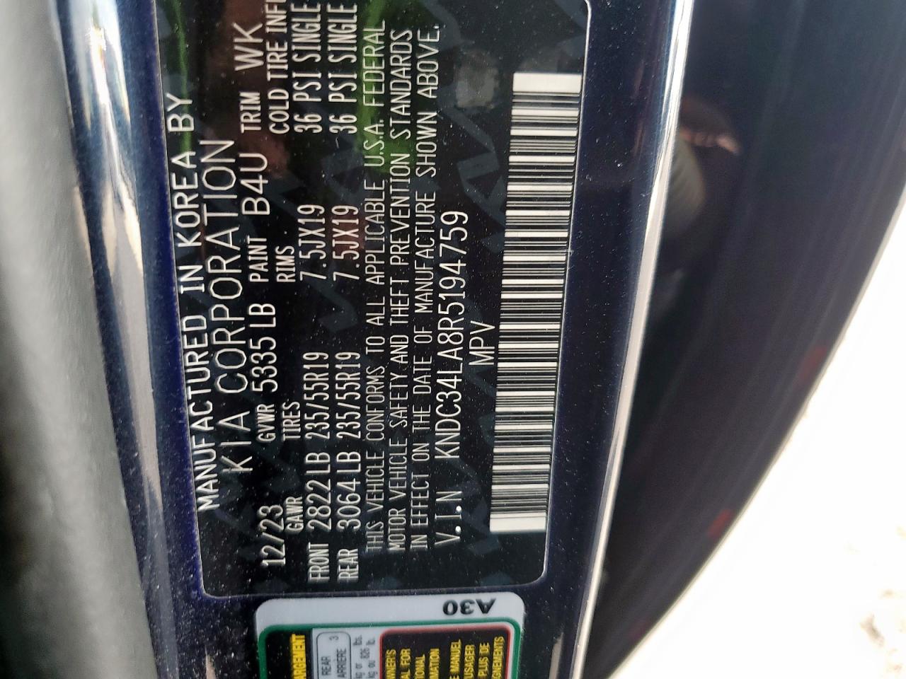 2024 Kia Ev6 Light VIN: KNDC34LA8R5194759 Lot: 64513955