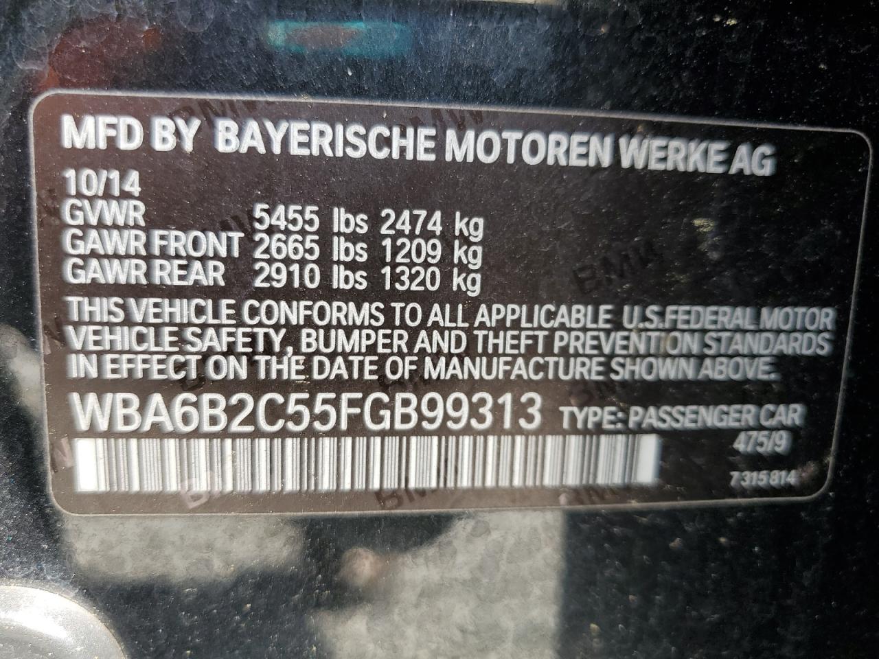 2015 BMW 650 I Gran Coupe VIN: WBA6B2C55FGB99313 Lot: 65228825