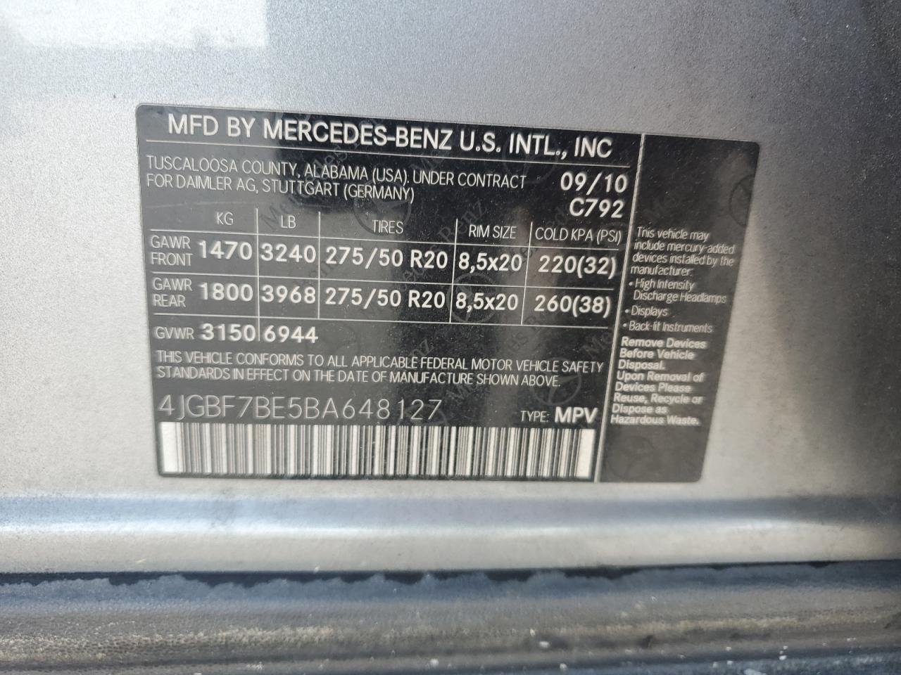 2011 Mercedes-Benz Gl 450 4Matic VIN: 4JGBF7BE5BA648127 Lot: 63734455
