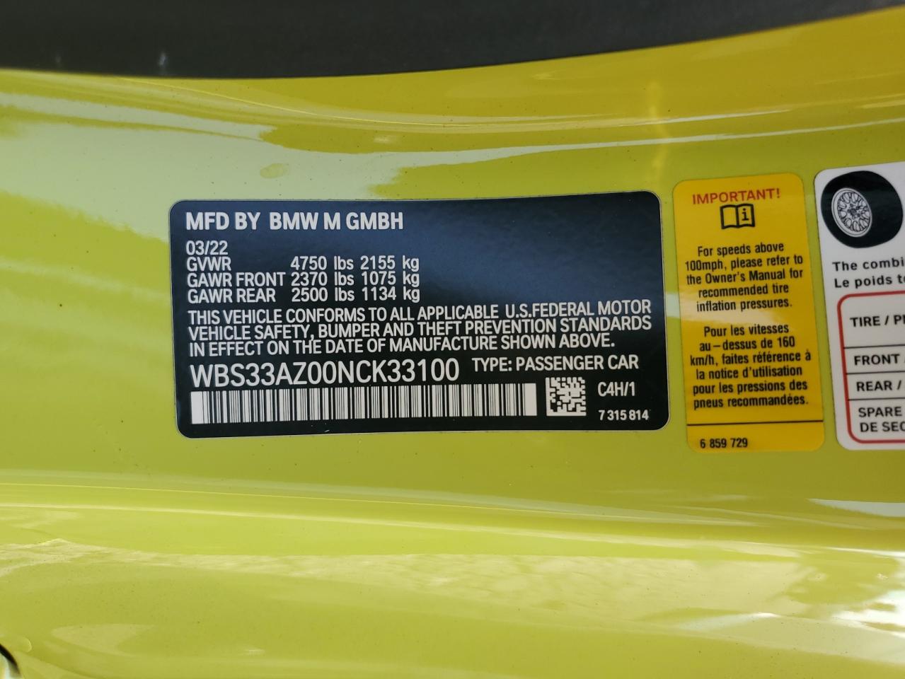 2022 BMW M4 Competition VIN: WBS33AZ00NCK33100 Lot: 64785665