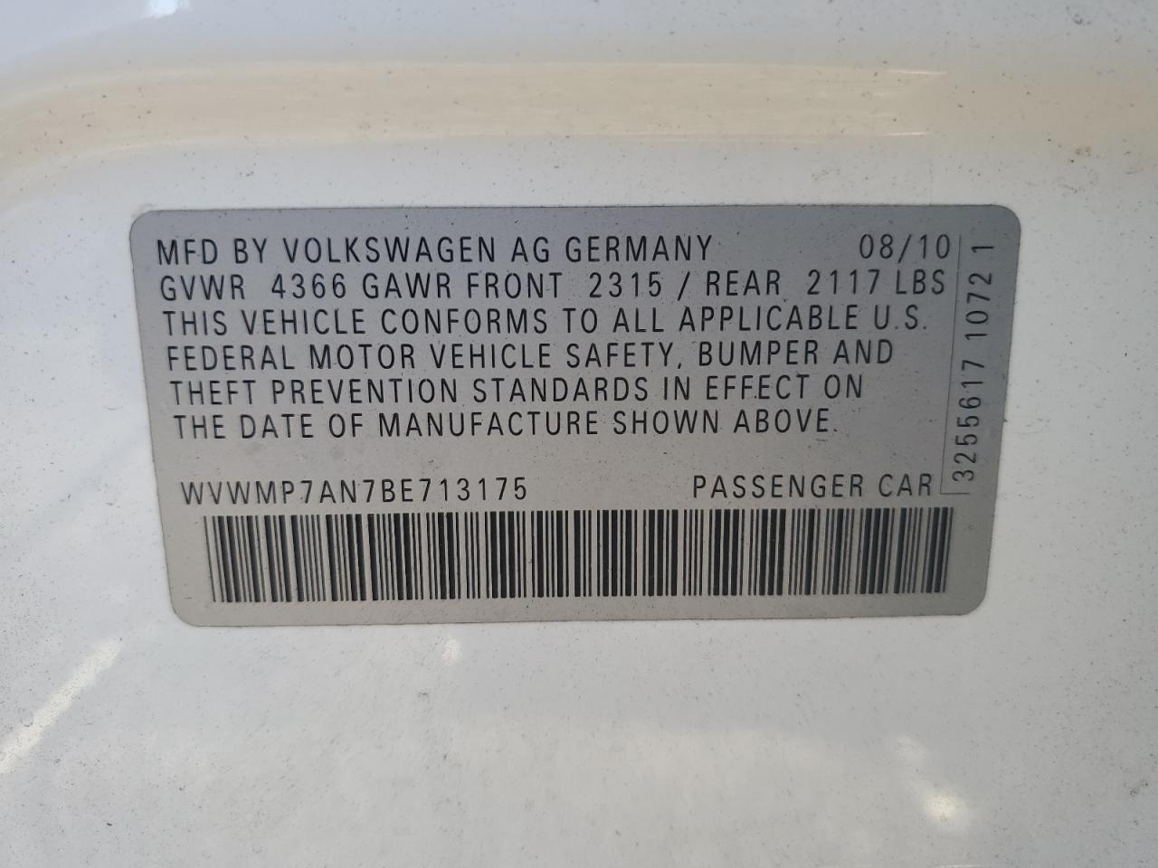 2011 Volkswagen Cc Sport VIN: WVWMP7AN7BE713175 Lot: 63460235