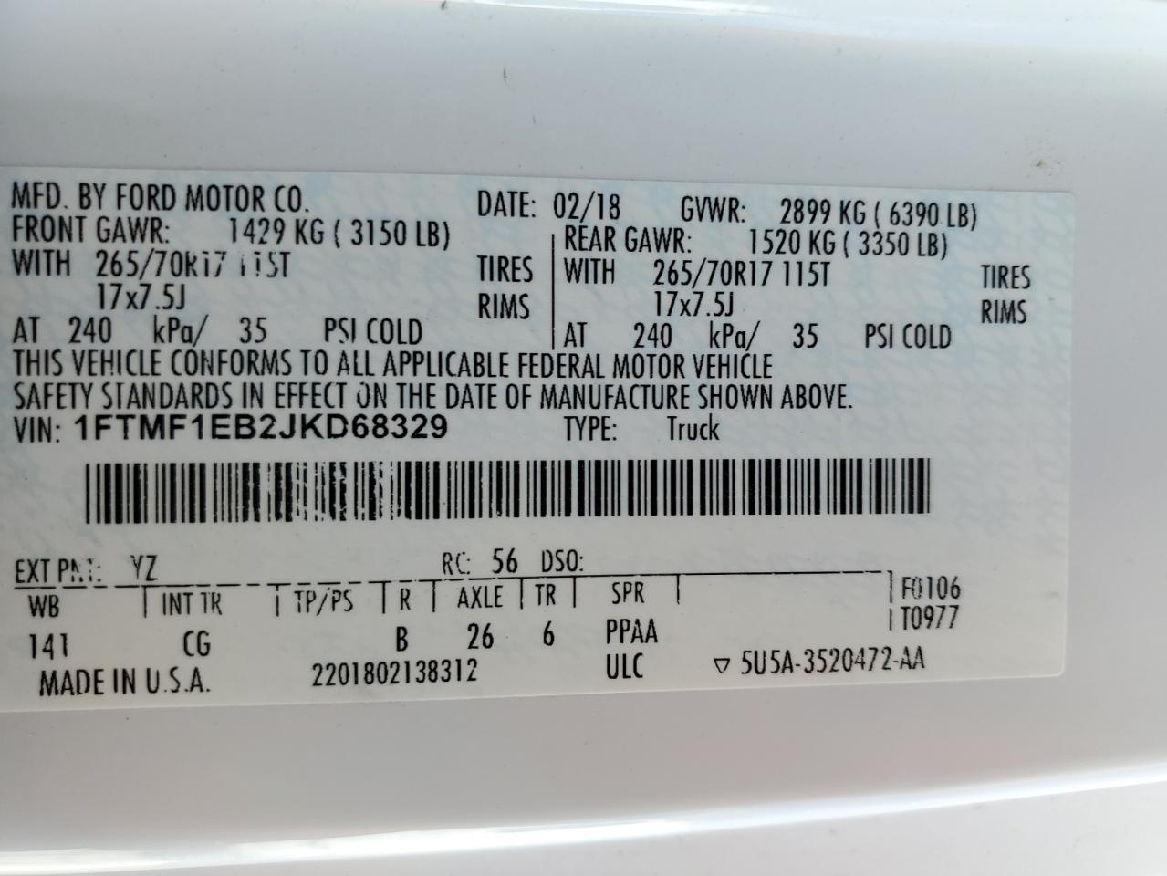 2018 Ford F150 VIN: 1FTMF1EB2JKD68329 Lot: 65990705