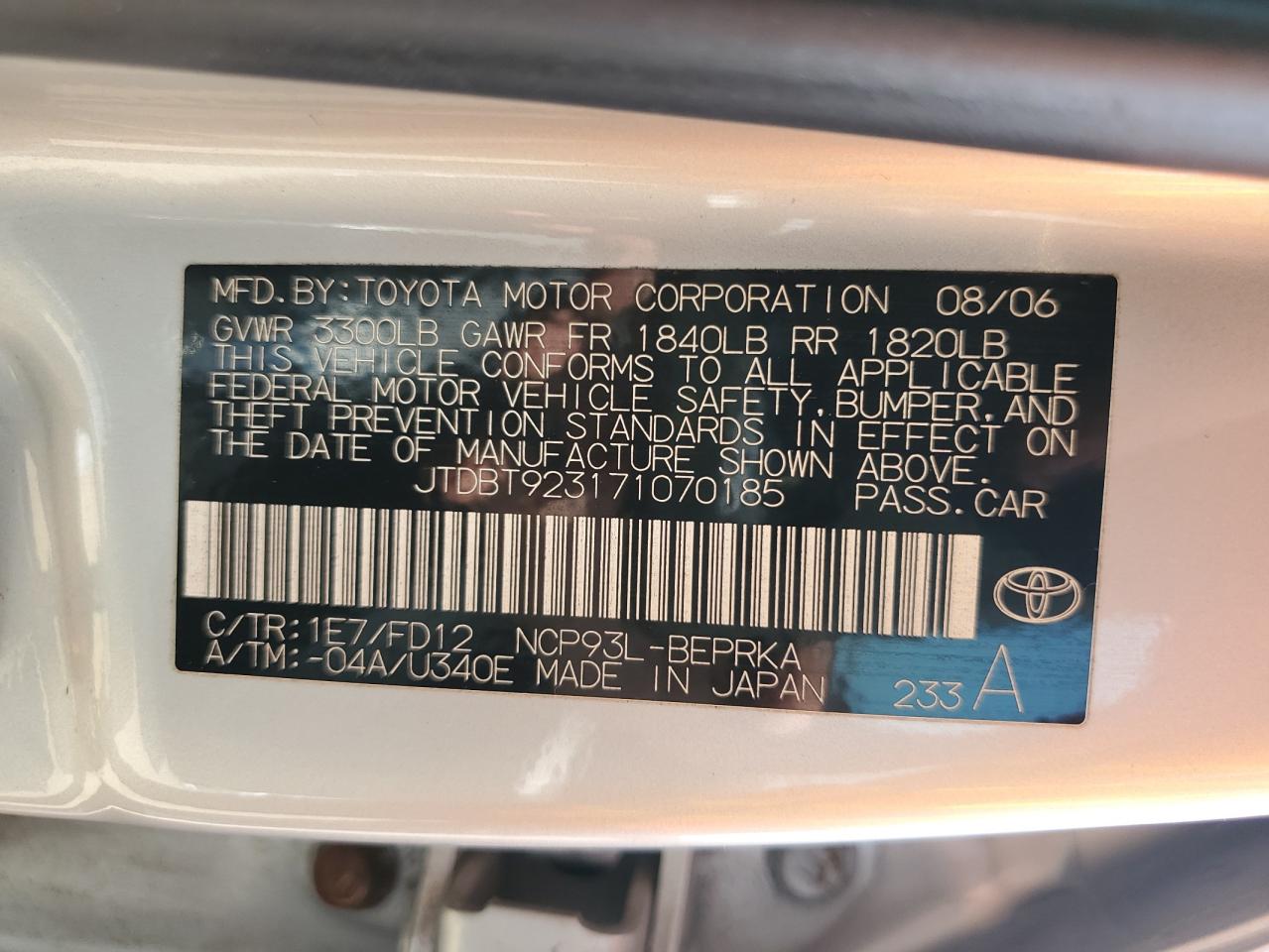 2007 Toyota Yaris VIN: JTDBT923171070185 Lot: 65231315