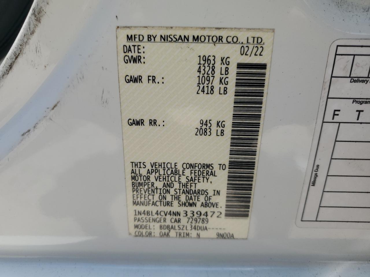 2022 Nissan Altima Sr VIN: 1N4BL4CV4NN339472 Lot: 64143475