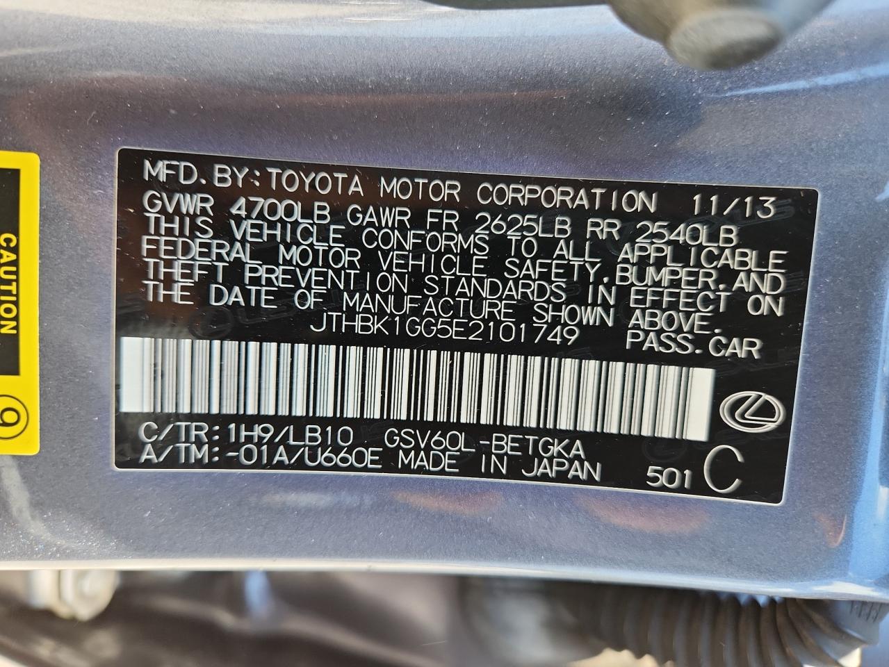 2014 Lexus Es 350 VIN: JTHBK1GG5E2101749 Lot: 63680425