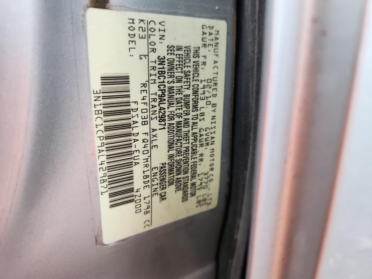 2010 Nissan Versa S VIN: 3N1BC1CP9AL429871 Lot: 62762125