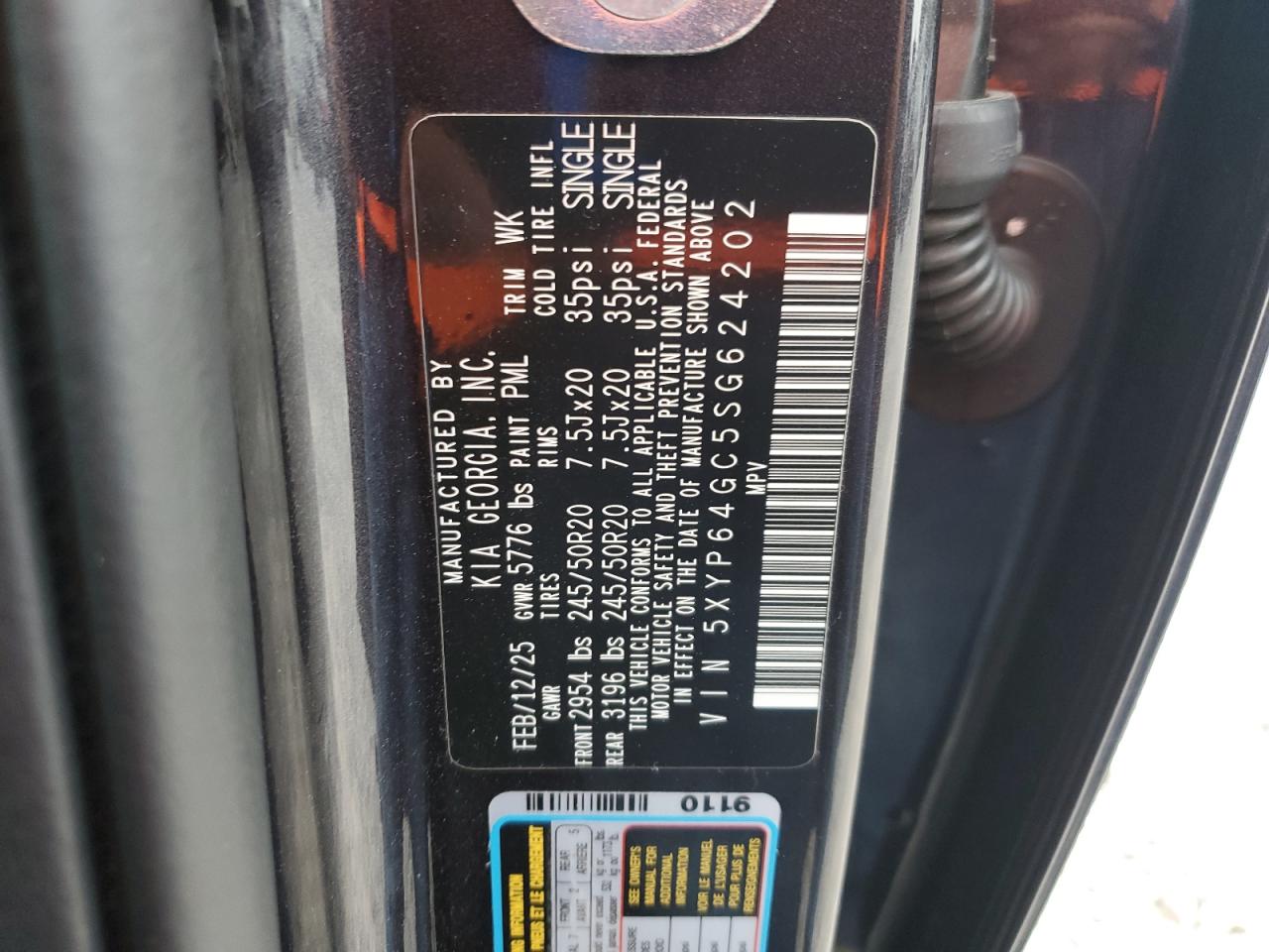 2025 Kia Telluride S VIN: 5XYP64GC5SG624202 Lot: 66961835