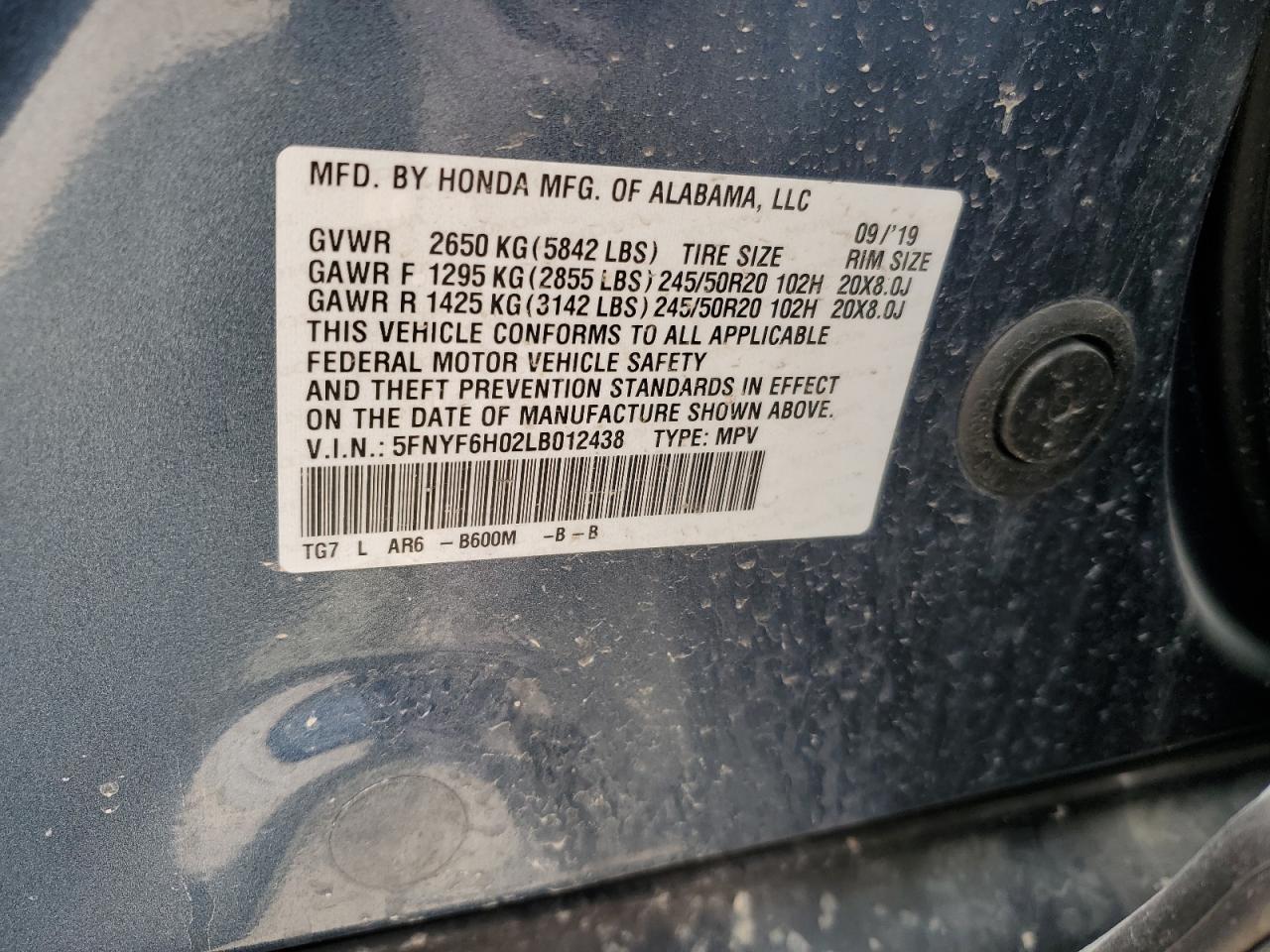 2020 Honda Pilot Elite VIN: 5FNYF6H02LB012438 Lot: 64548525