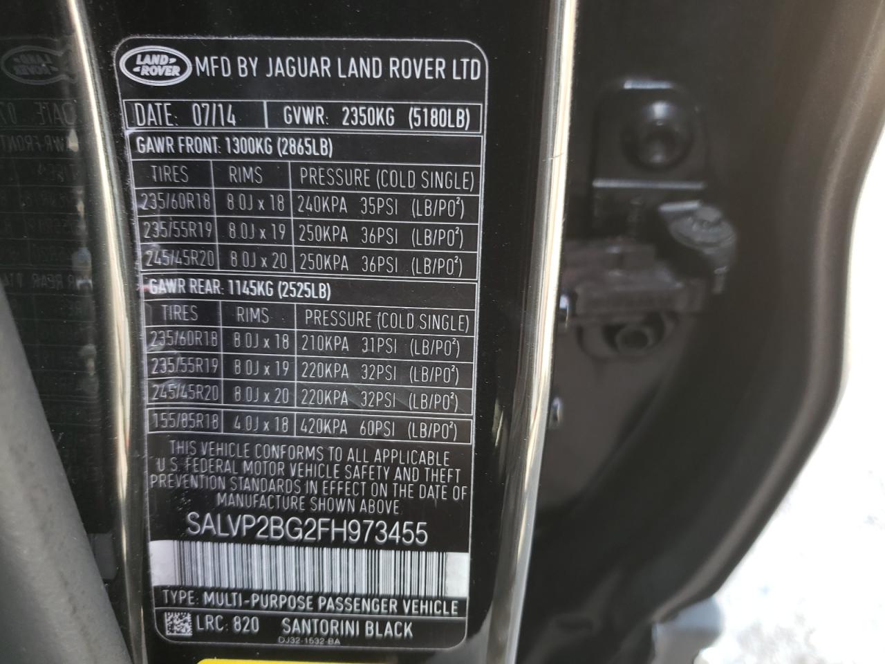 SALVP2BG2FH973455 2015 Land Rover Range Rover Evoque Pure Plus