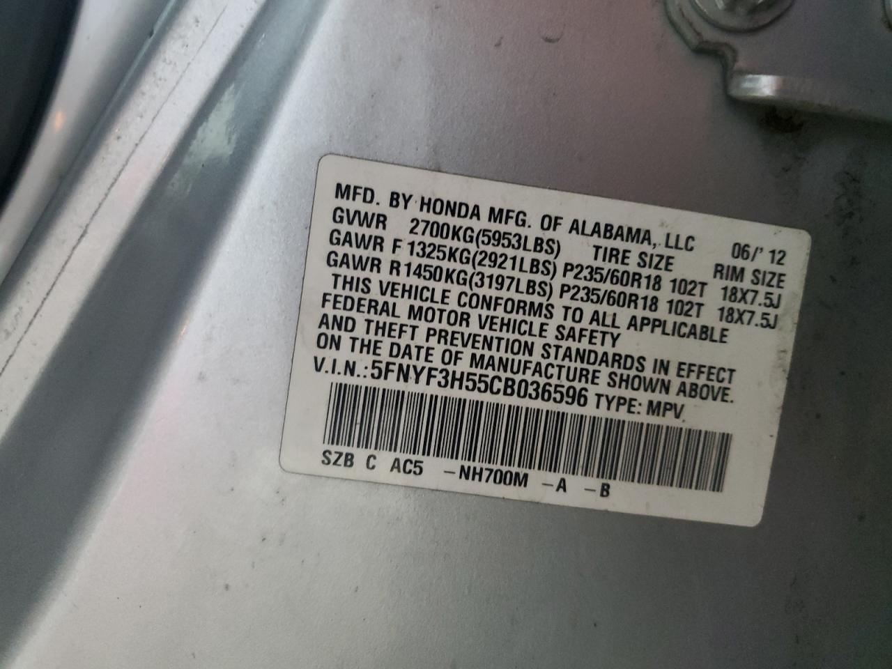 2012 Honda Pilot Exl VIN: 5FNYF3H55CB036596 Lot: 63767015