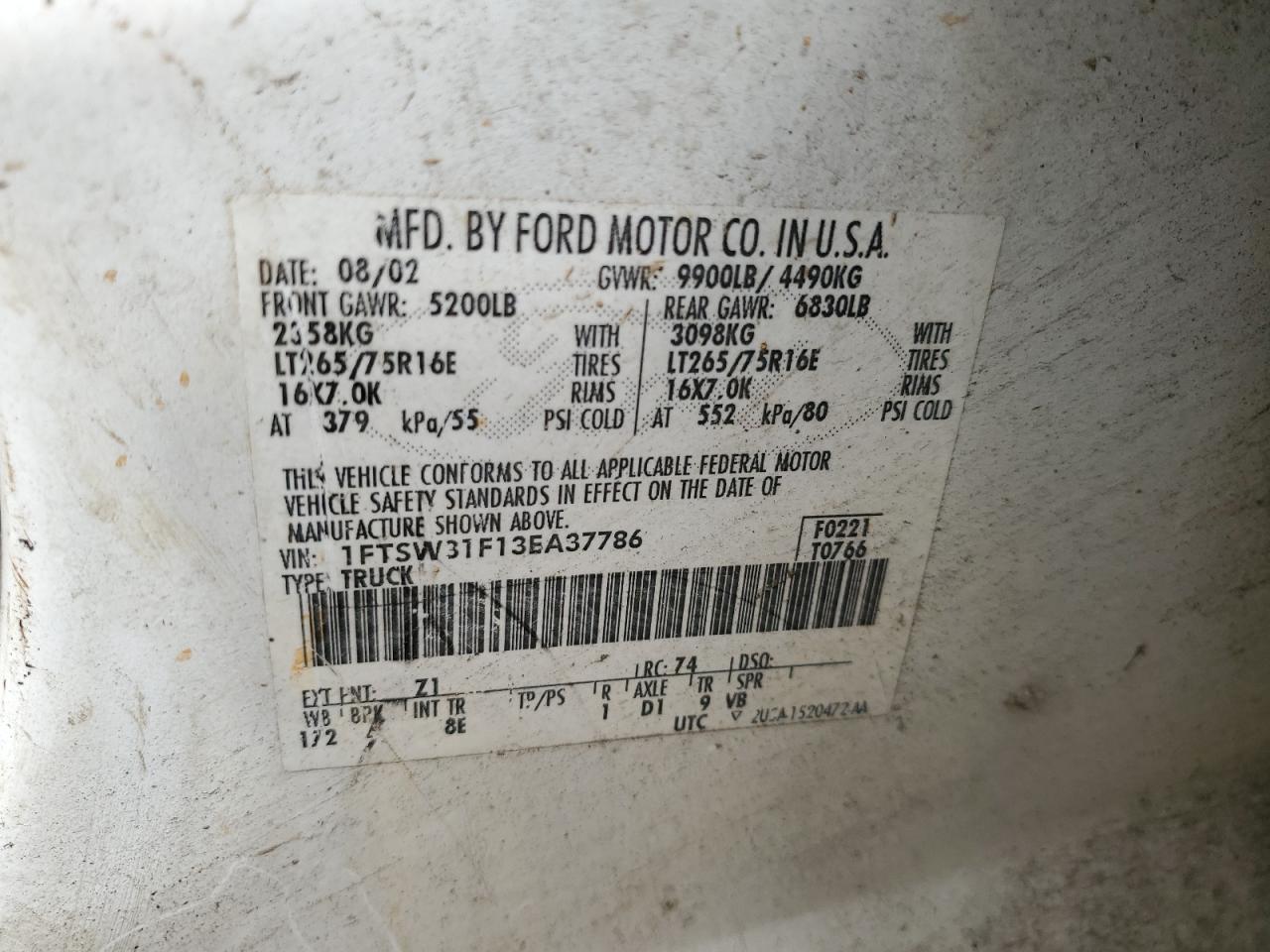 2003 Ford F350 Srw Super Duty VIN: 1FTSW31F13EA37786 Lot: 62963815