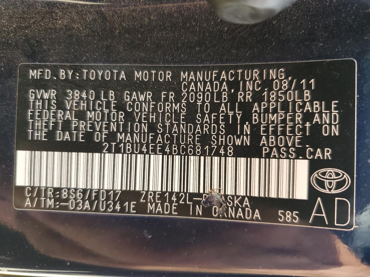 2011 Toyota Corolla Base VIN: 2T1BU4EE4BC681748 Lot: 64786295