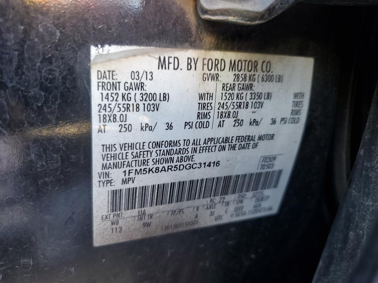 2013 Ford Explorer Police Interceptor VIN: 1FM5K8AR5DGC31416 Lot: 67067645