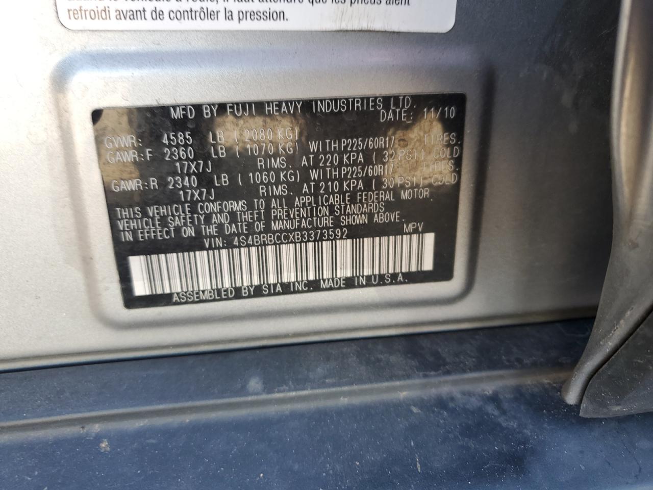 2011 Subaru Outback 2.5I Premium VIN: 4S4BRBCCXB3373592 Lot: 63046385