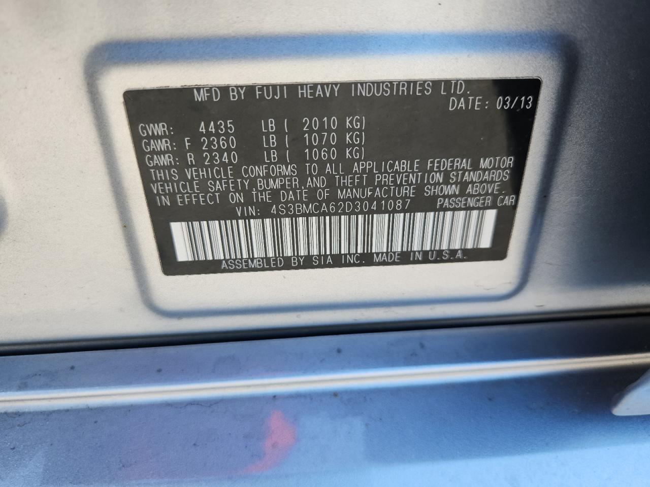 2013 Subaru Legacy 2.5I VIN: 4S3BMCA62D3041087 Lot: 61191535