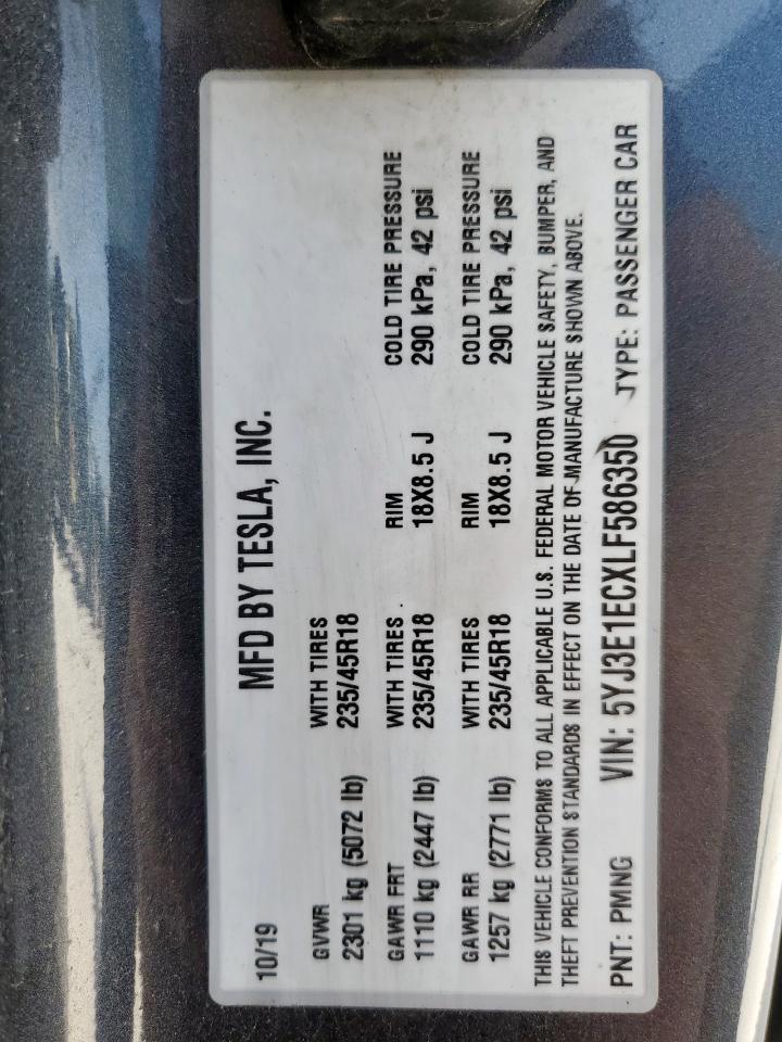 2020 Tesla Model 3 VIN: 5YJ3E1ECXLF586350 Lot: 64393815