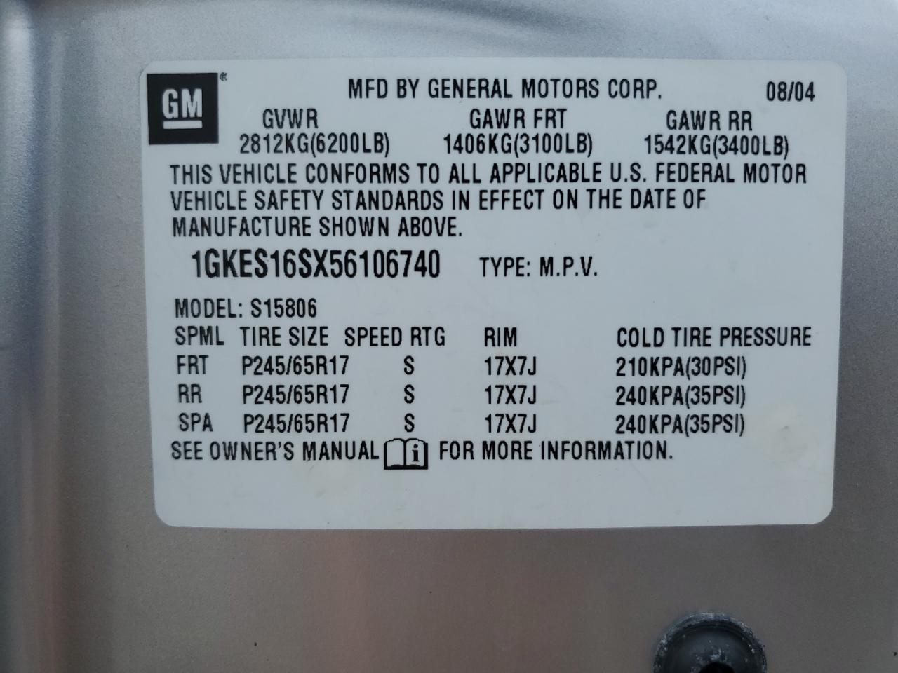 2005 GMC Envoy Xl VIN: 1GKES16SX56106740 Lot: 64460175