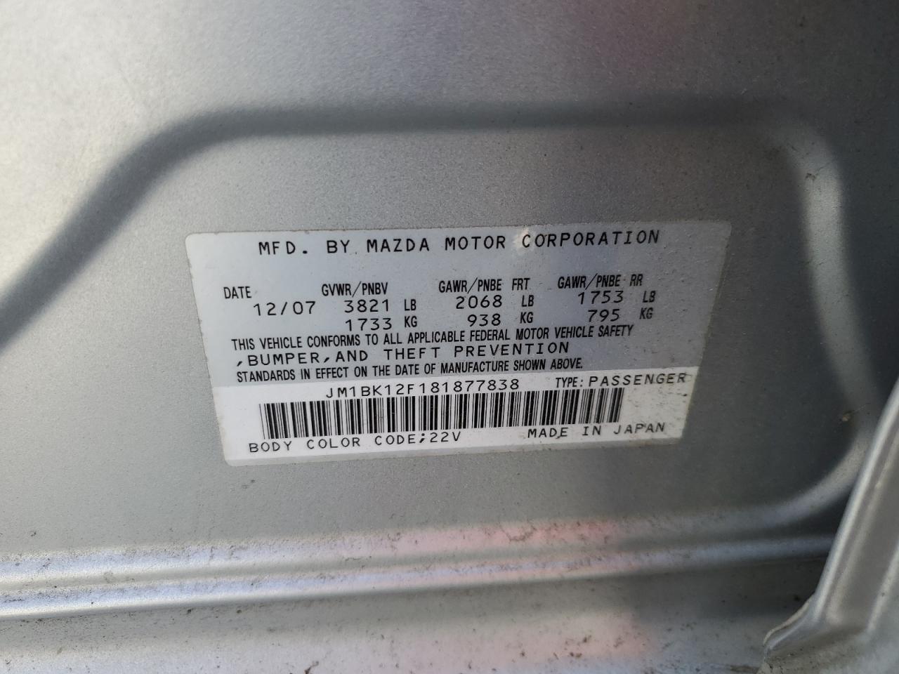 2008 Mazda 3 I VIN: JM1BK12F181877838 Lot: 64768825