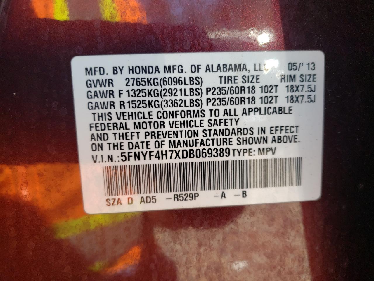 2013 Honda Pilot Exln VIN: 5FNYF4H7XDB069389 Lot: 65168925