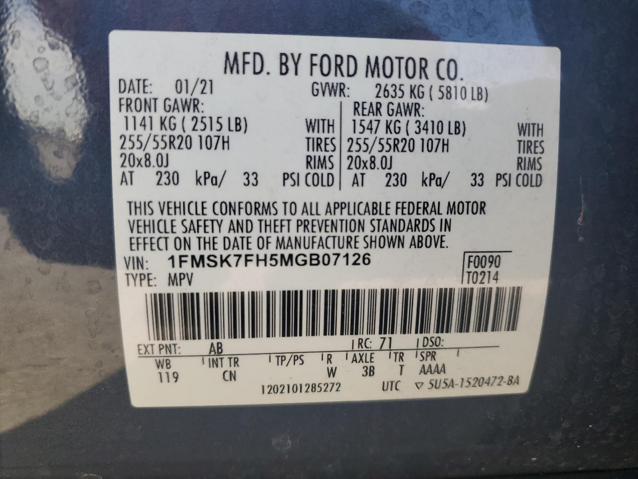 2021 Ford Explorer Limited VIN: 1FMSK7FH5MGB07126 Lot: 63161815